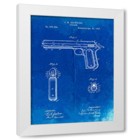 PP770-Faded Blueprint Colt Automatic Pistol of 1900 Patent Poster White Modern Wood Framed Art Print by Borders, Cole