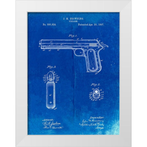 PP770-Faded Blueprint Colt Automatic Pistol of 1900 Patent Poster White Modern Wood Framed Art Print by Borders, Cole