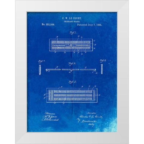PP776-Faded Blueprint Cribbage Board 1885 Patent Poster White Modern Wood Framed Art Print by Borders, Cole
