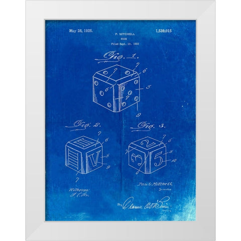 PP781-Faded Blueprint Dice 1923 Patent Poster White Modern Wood Framed Art Print by Borders, Cole