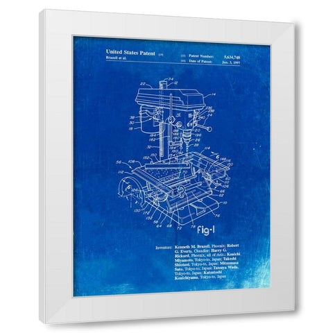 PP788-Faded Blueprint Drill Press Patent Poster White Modern Wood Framed Art Print by Borders, Cole