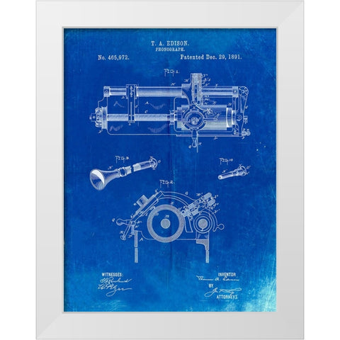 PP798-Faded Blueprint Edison Phonograph Patent Poster White Modern Wood Framed Art Print by Borders, Cole