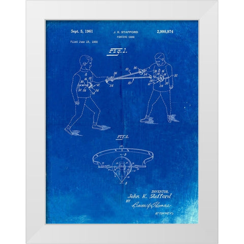 PP804-Faded Blueprint Fencing Game Patent Poster White Modern Wood Framed Art Print by Borders, Cole