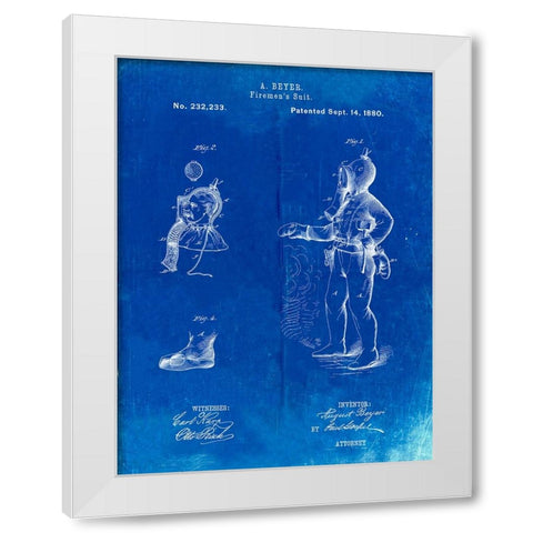 PP811-Faded Blueprint Firefighter Suit 1880 Patent Poster White Modern Wood Framed Art Print by Borders, Cole