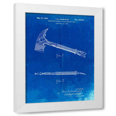 PP812-Faded Blueprint Firemans Axe 1940 Patent Poster White Modern Wood Framed Art Print by Borders, Cole