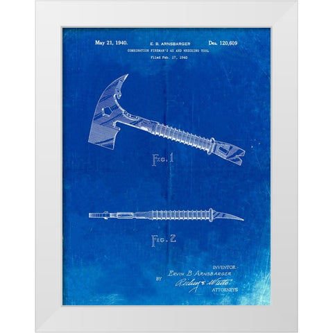 PP812-Faded Blueprint Firemans Axe 1940 Patent Poster White Modern Wood Framed Art Print by Borders, Cole