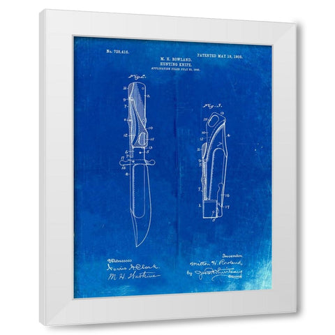 PP822-Faded Blueprint Folding Hunting Knife 1902 Patent Poster White Modern Wood Framed Art Print by Borders, Cole