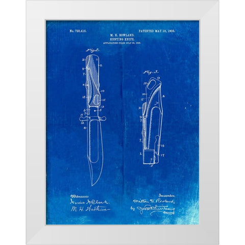 PP822-Faded Blueprint Folding Hunting Knife 1902 Patent Poster White Modern Wood Framed Art Print by Borders, Cole