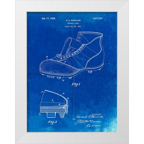 PP823-Faded Blueprint Football Cleat 1928 Patent Poster White Modern Wood Framed Art Print by Borders, Cole