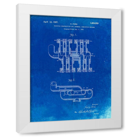 PP832-Faded Blueprint Ford Car Manifold 1920 Patent Poster White Modern Wood Framed Art Print by Borders, Cole