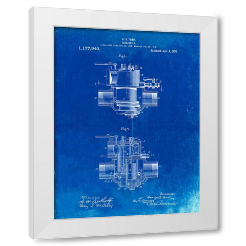 PP835-Faded Blueprint Ford Carburetor 1916 Patent Poster White Modern Wood Framed Art Print by Borders, Cole