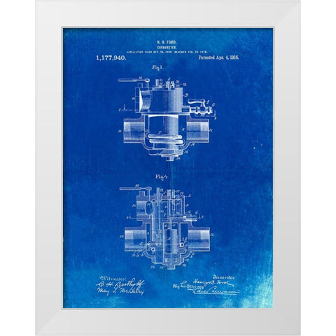 PP835-Faded Blueprint Ford Carburetor 1916 Patent Poster White Modern Wood Framed Art Print by Borders, Cole