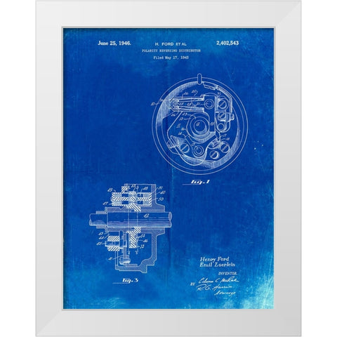PP839-Faded Blueprint Ford Distributor 1946 Patent Poster White Modern Wood Framed Art Print by Borders, Cole