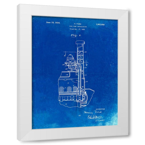 PP842-Faded Blueprint Ford Fuel Pump 1933 Patent Poster White Modern Wood Framed Art Print by Borders, Cole