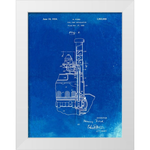 PP842-Faded Blueprint Ford Fuel Pump 1933 Patent Poster White Modern Wood Framed Art Print by Borders, Cole