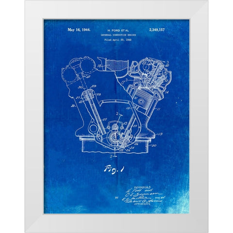 PP844-Faded Blueprint Ford Internal Combustion Engine Poster White Modern Wood Framed Art Print by Borders, Cole