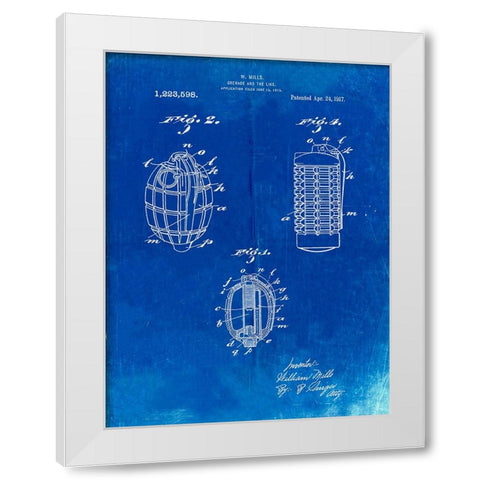 PP866-Faded Blueprint Hand Grenade 1915 Patent Poster White Modern Wood Framed Art Print by Borders, Cole