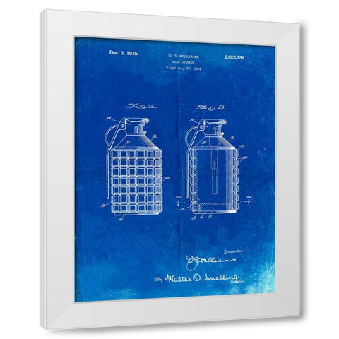 PP867-Faded Blueprint Hand Grenade Patent Poster White Modern Wood Framed Art Print by Borders, Cole