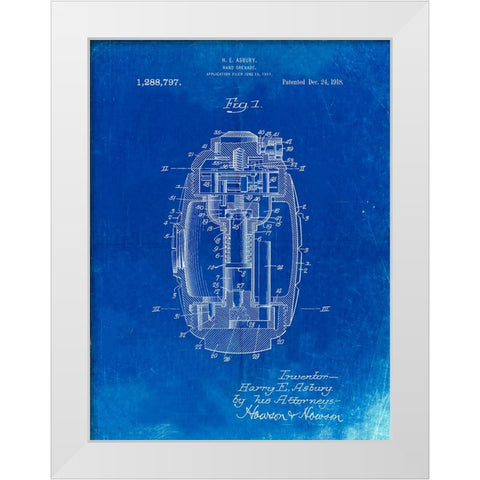 PP868-Faded Blueprint Hand Grenade World War 1 Patent Poster White Modern Wood Framed Art Print by Borders, Cole