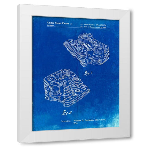 PP870-Faded Blueprint Harley Davidson Engine Head Patent Poster White Modern Wood Framed Art Print by Borders, Cole