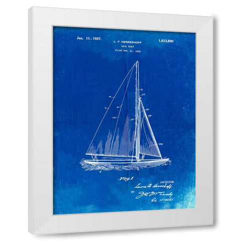 PP878-Faded Blueprint Herreshoff R 40 Gamecock Racing Sailboat Patent Poster White Modern Wood Framed Art Print by Borders, Cole