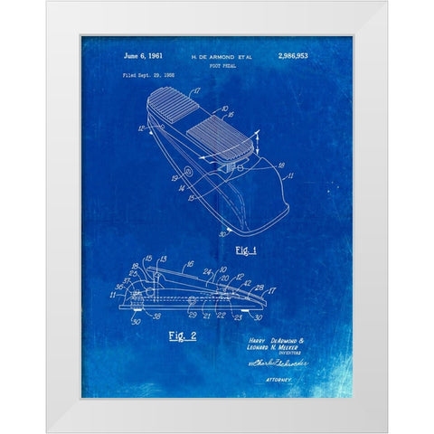 PP883-Faded Blueprint Horace N Rowe Wah Pedal Patent Poster White Modern Wood Framed Art Print by Borders, Cole