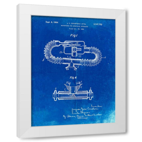 PP896-Faded Blueprint Jacques Cousteau Diving Mouthpiece Patent Poster White Modern Wood Framed Art Print by Borders, Cole