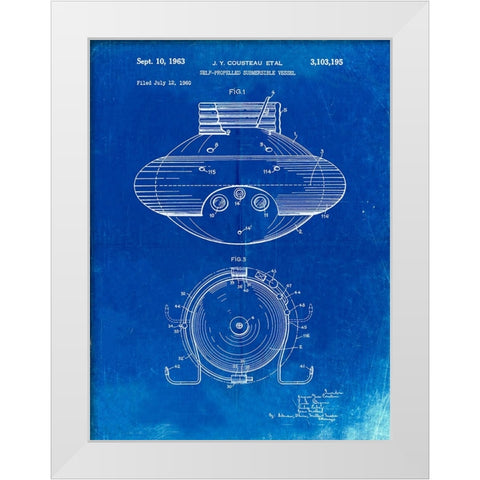 PP898-Faded Blueprint Jacques Cousteau Submersible Vessel Patent Poster White Modern Wood Framed Art Print by Borders, Cole