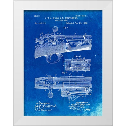 PP913-Faded Blueprint Krag JÃƒrgensen Repeating Rifle Patent Print White Modern Wood Framed Art Print by Borders, Cole