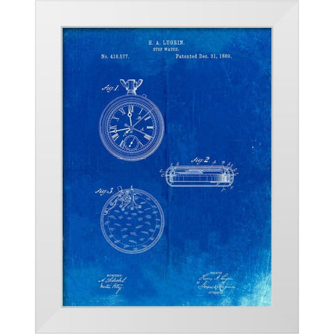 PP940-Faded Blueprint Lemania Swiss Stopwatch Patent Poster White Modern Wood Framed Art Print by Borders, Cole