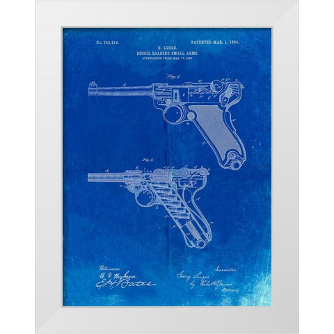 PP947-Faded Blueprint Luger Pistol Patent Poster White Modern Wood Framed Art Print by Borders, Cole
