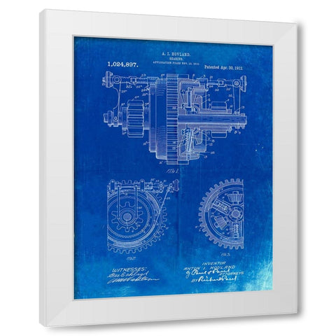 PP953-Faded Blueprint Mechanical Gearing 1912 Patent Poster White Modern Wood Framed Art Print by Borders, Cole