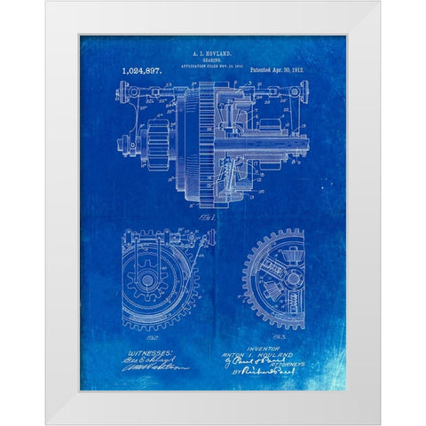 PP953-Faded Blueprint Mechanical Gearing 1912 Patent Poster White Modern Wood Framed Art Print by Borders, Cole