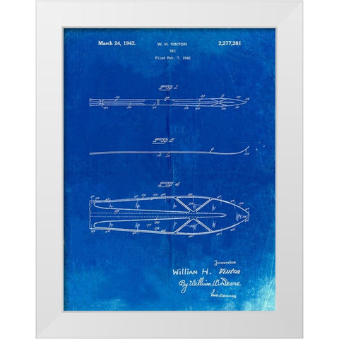 PP955-Faded Blueprint Metal Skis 1940 Patent Poster White Modern Wood Framed Art Print by Borders, Cole