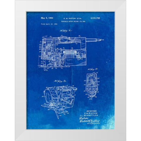 PP957-Faded Blueprint Milwaukee Portable Jig Saw Patent Poster White Modern Wood Framed Art Print by Borders, Cole