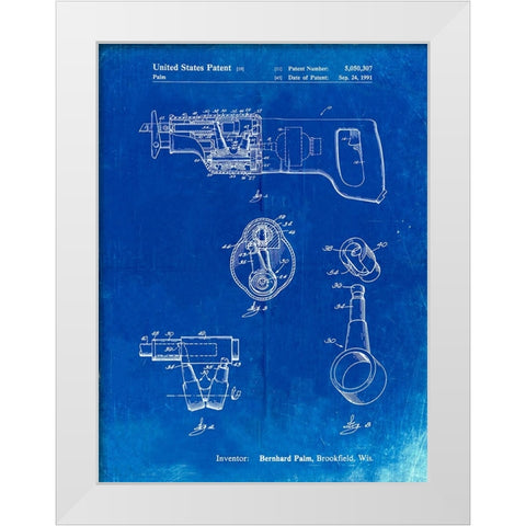 PP958-Faded Blueprint Milwaukee Reciprocating Saw Patent Poster White Modern Wood Framed Art Print by Borders, Cole