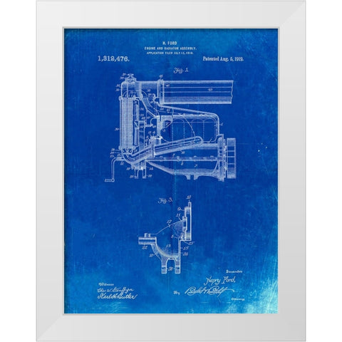 PP960-Faded Blueprint Model T Engine and Radiator Assembly White Modern Wood Framed Art Print by Borders, Cole