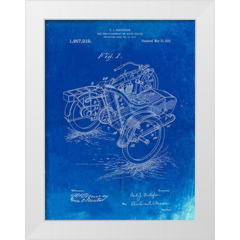 PP963-Faded Blueprint Motorcycle Sidecar 1918 Patent Poster White Modern Wood Framed Art Print by Borders, Cole