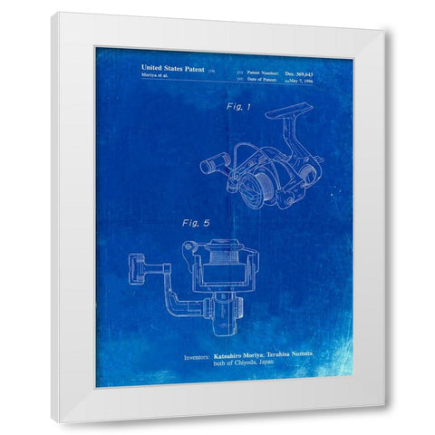 PP973-Faded Blueprint Open Face Spinning Fishing Reel Patent Poster White Modern Wood Framed Art Print by Borders, Cole