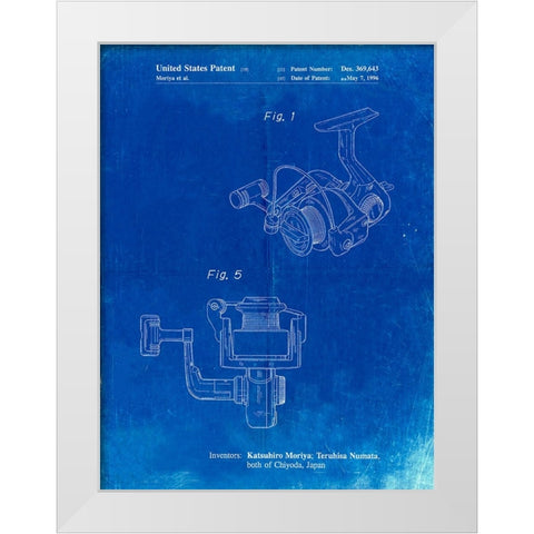 PP973-Faded Blueprint Open Face Spinning Fishing Reel Patent Poster White Modern Wood Framed Art Print by Borders, Cole