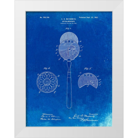 PP975-Faded Blueprint Ophthalmoscope Patent Poster White Modern Wood Framed Art Print by Borders, Cole