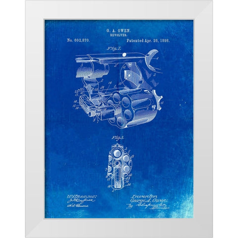 PP980-Faded Blueprint Owen Revolver Patent Art White Modern Wood Framed Art Print by Borders, Cole