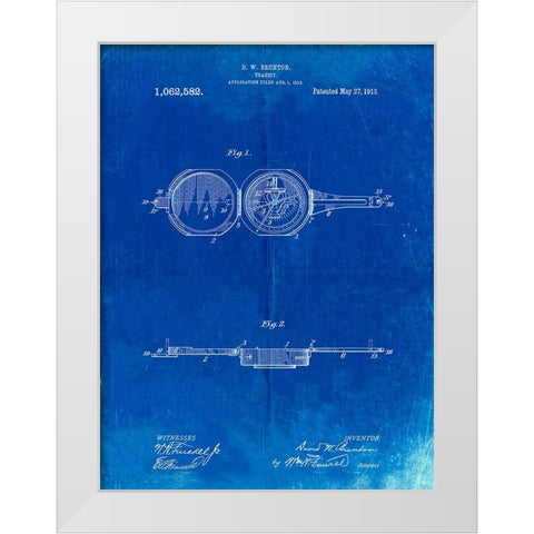 PP992-Faded Blueprint Pocket Transit Compass 1919 Patent Poster White Modern Wood Framed Art Print by Borders, Cole