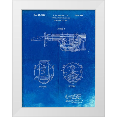 PP996-Faded Blueprint Portable Reciprocating Saw Poster White Modern Wood Framed Art Print by Borders, Cole