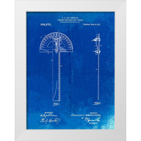 PP1002-Faded Blueprint Protractor T-Square Patent Poster White Modern Wood Framed Art Print by Borders, Cole