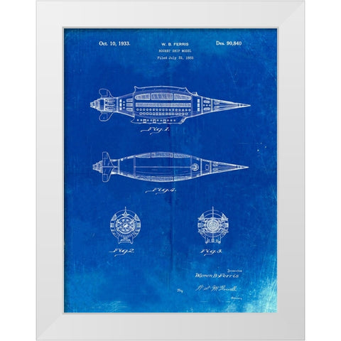 PP1017-Faded Blueprint Rocket Ship Model Patent Poster White Modern Wood Framed Art Print by Borders, Cole
