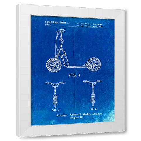 PP1030-Faded Blueprint Scooter Patent Art, 80s Toys, 80s Decor, PP1030 White Modern Wood Framed Art Print by Borders, Cole