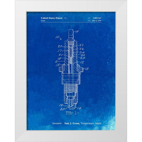 PP1051-Faded Blueprint Spark Plug Patent Poster White Modern Wood Framed Art Print by Borders, Cole