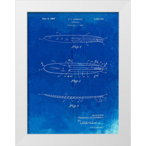 PP1073-Faded Blueprint Surfboard 1965 Patent Poster White Modern Wood Framed Art Print by Borders, Cole
