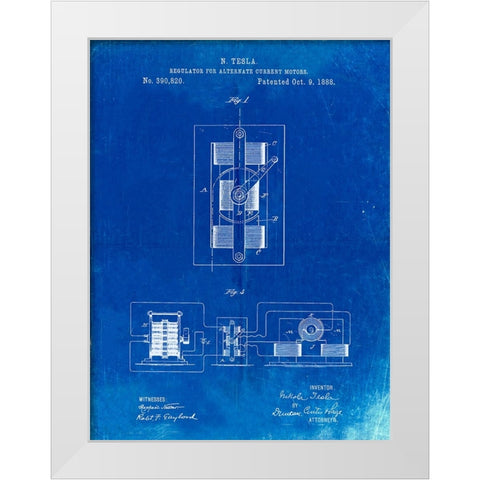 PP1095-Faded Blueprint Tesla Regulator for Alternate Current Motor Patent Poster White Modern Wood Framed Art Print by Borders, Cole